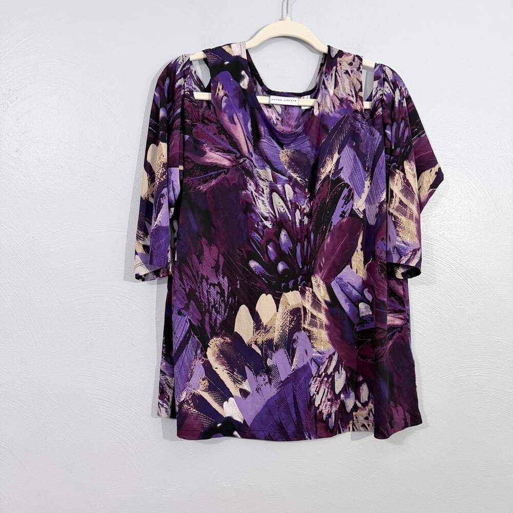 Susan Graver Cold Shoulder Top Size L Purple Floral